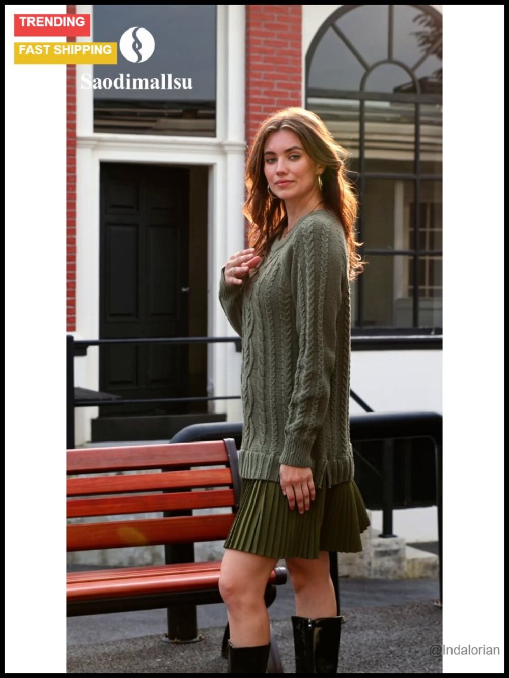 Cable Knit Sweater Dress Pleated Long Sleeve Crewneck Mini Preppy Fall Chunky - Picture 6 of 6